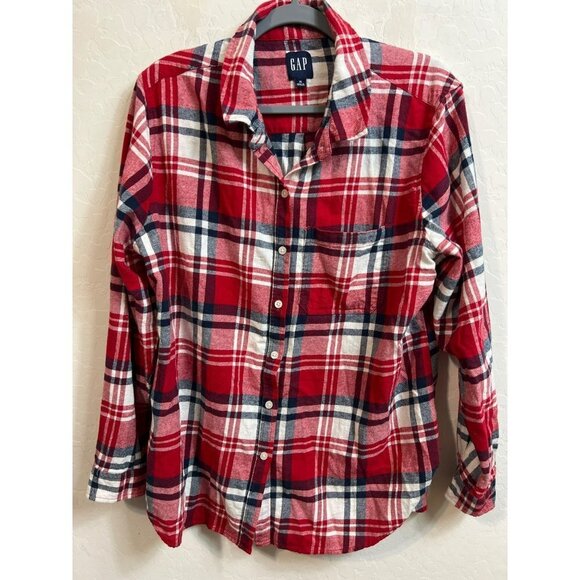 Women Gap Plaid Flannel Red White Blue Plaid Button Up Shirt Sz XL 100% Cotton - Picture 2 of 4